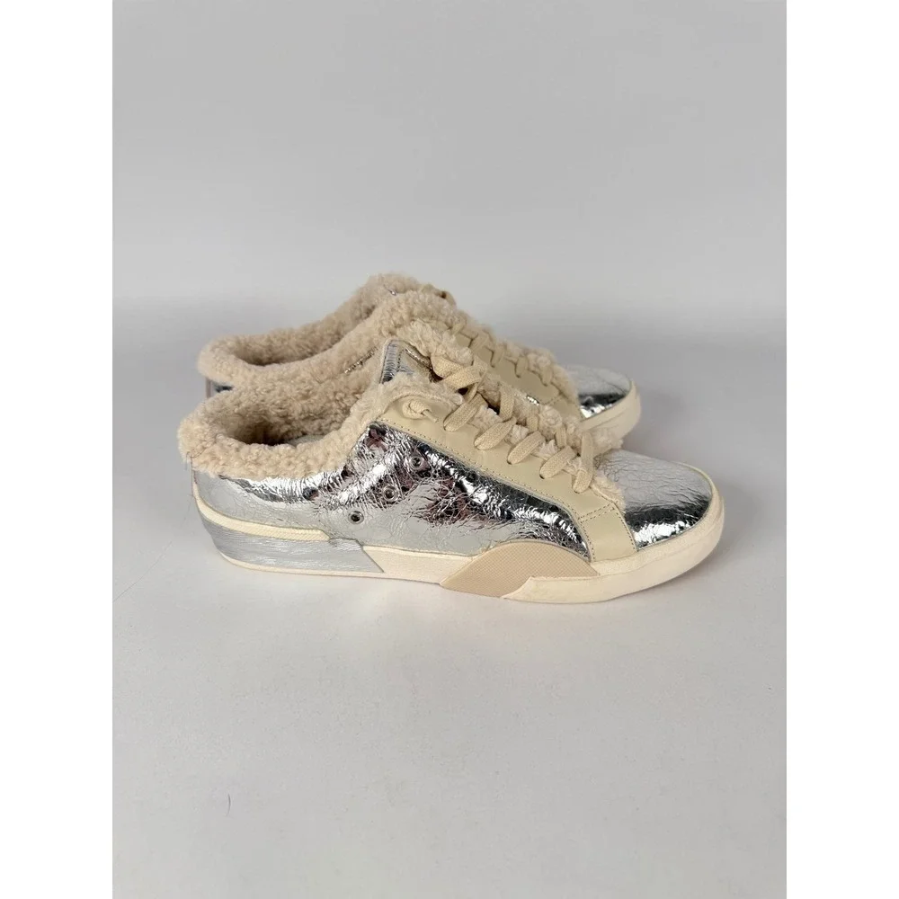 Dolce Vita Zina Metallic Silver Faux Fur Lined Slip‎ On Sneakers Womens 9